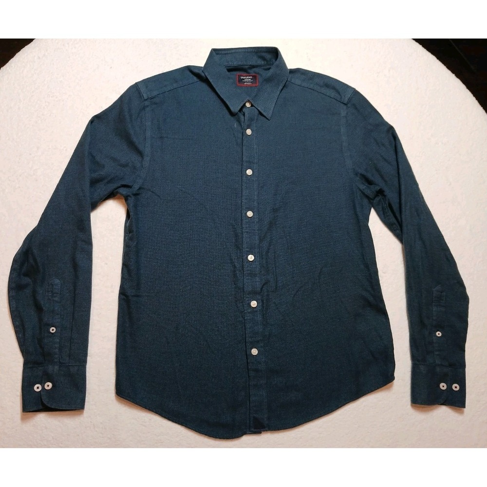 UNTUCKit Shirt Mens Medium Slim Fit Wrinkle Free Cotton Blue Grey Herringbone LS